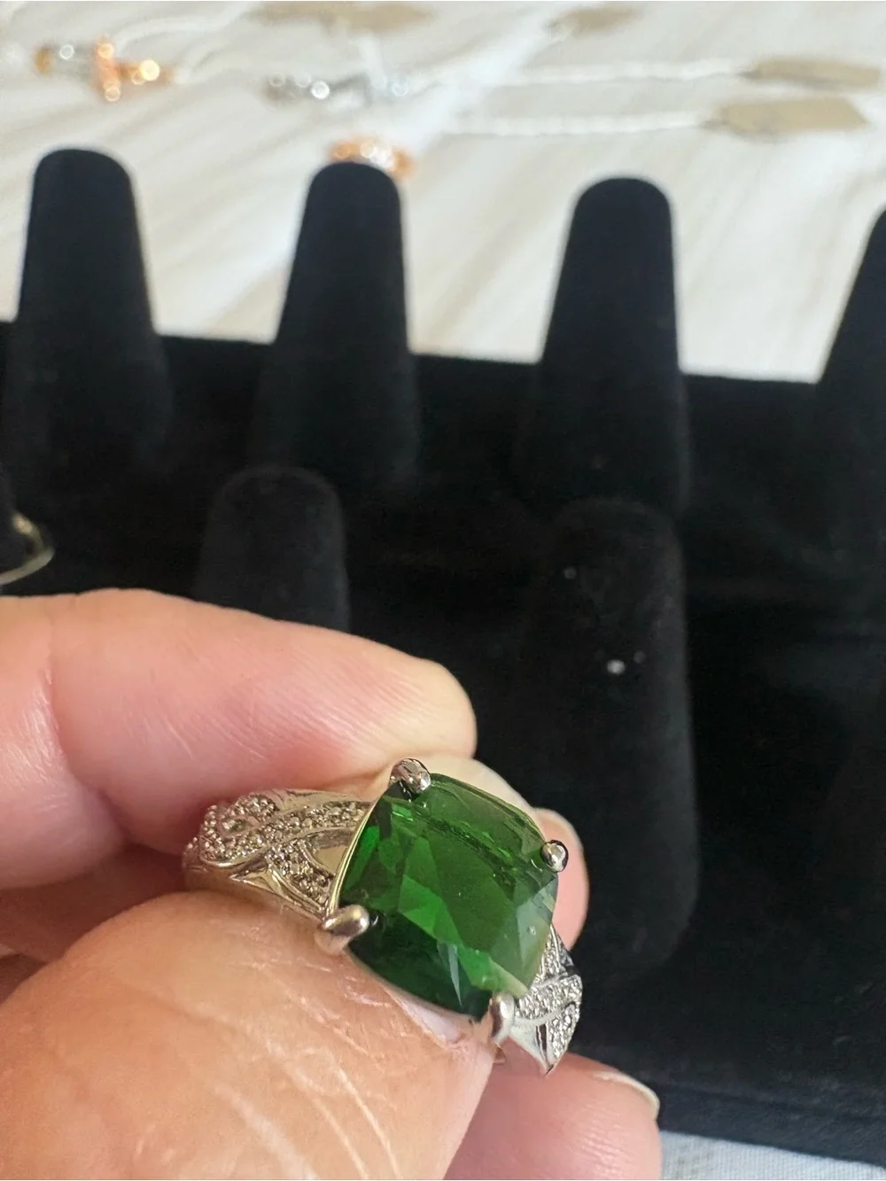 Green Cushion-Cut Statement Ring with Clear Accents